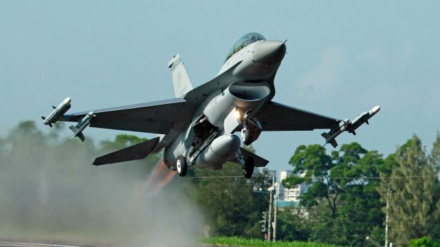 Taiwan Air Force F-16 fighter jet takes off.