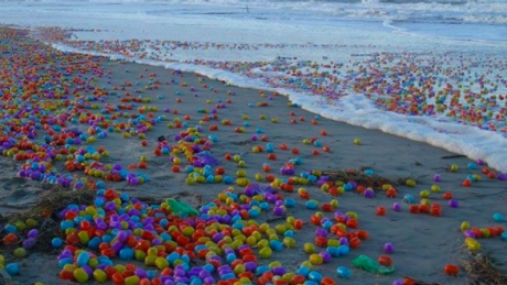 Tens of thousands of plastic eggs have been washed ashore a beach in Germany, following a storm.