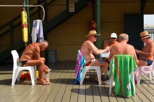 (L to R) Norm McIntyre, Jeff Hanley 63, John Waddington 66, Clem Kennedy 82 and Darryl Silk 69 play cards after their ...