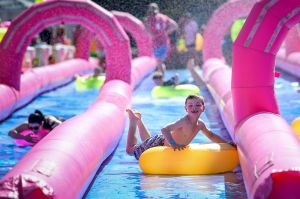 The Age, News, 04/01/2017, picture by Justin McManus. Opening of the Slide the Square water slide in Federation Square. ...