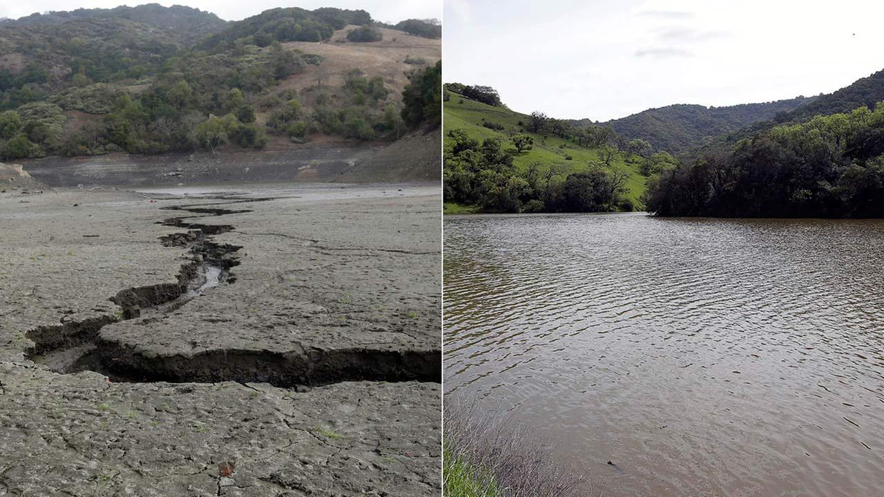 This combination of two file photos shows, top, the cracked and dry bed of the Almaden Reservoir in 2014, in San Jose and, below, the same reservoir full of water in 2016.