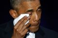 President Barack Obama wipes his tears as he speaks at McCormick Place in Chicago, Tuesday, Jan. 10, 2017, giving his ...