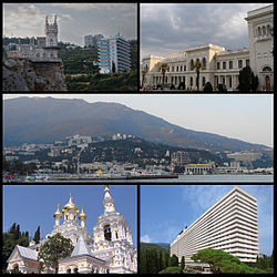 Top left:Swallow's Nest and Aurora Cliff, Top right:Livadia Palace, Center:View of Mount Ai Petry and Naberezhna waterfront area, Bottom left:Alexander Nevski Cathedral, Bottom right:Yalta Intourist Hotel