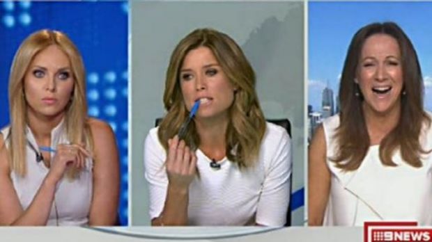 Julie Snook (left), Amber Sherlock (middle) and Sandy Rea all wore tops on air on Channel Nine - causing Sherlock to ...