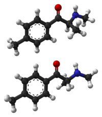 The two enantiomers of mephedrone: The potentially more potent S form is above the R form.