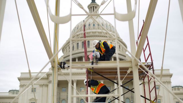 The inaugural platform is prepared on the Capitol steps in Washington. 