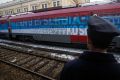 The first train decorated with letters that read "Kosovo is Serbian" written in 20 languages departing from Belgrade for ...