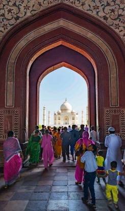 Entering through the main gate, the first glimpse of the Taj Mahal is breathtaking.