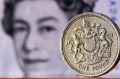 A one pound sterling coin sits in front of a British five pound banknote.