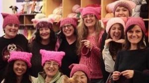 Women knitting pussyhats at The Little Knittery in Los Angeles.