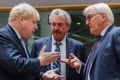 German Foreign Minister Frank-Walter Steinmeier, right, talks with British Foreign Secretary Boris Johnson, left, and ...