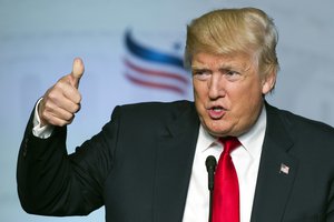 In this June 10, 2016 file photo, Republican presidential candidate Donald Trump gives a thumbs-up while addressing the Faith and Freedom Coalition's Road to Majority Conference in Washington.