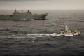 HMAS Adelaide escorts the former Japanese whaling vessel towards Hobart,