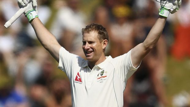 WELLINGTON, NEW ZEALAND - FEBRUARY 13:  Adam Voges of Australia celebrates after reaching his century during day two of ...