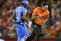 Mitchell Johnson of the Scorchers celebrates the wicket of Kieron Pollard.