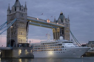 Silver Cloud under Tower Bridge in London.