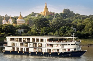 Sanctuary Ananda sails on the Irrawaddy River past Sagaing. 