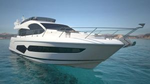 The stern's large transom comes with optional wet-bar, rain shower, and barbecue set.