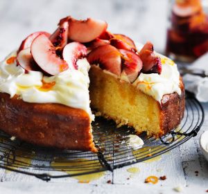 Coconut and Yoghurt Cake with Fresh Peach Compote.