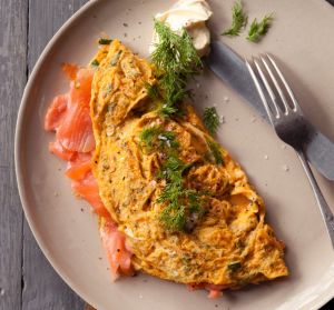 Jill Dupleix's classic omelette with smoked salmon and creme fraiche.