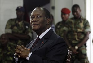 President Alassane Ouattara meets with commanding officers from the republican forces, at the Golf Hotel in Abidjan, Ivory Coast