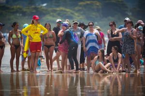 A happy competitor after finishing the open swim race at Lorne today.