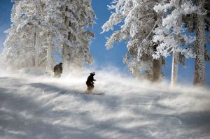 Two skiers make their way across a ski run on Mt. Disney at Sugar Bowl ski resort where gusts of wind-blown powder ...