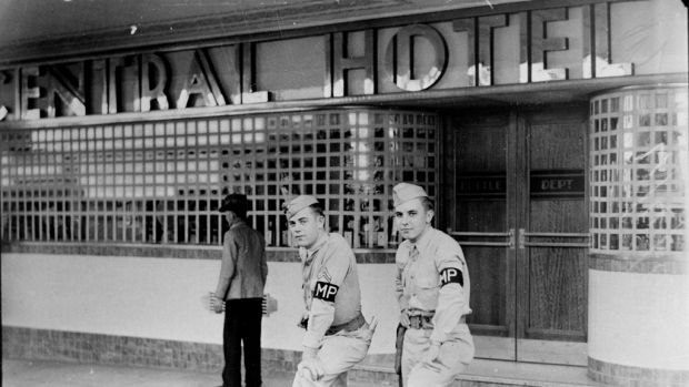 American military police outside the Central Hotel in Brisbane American military police outside the Central Hotel in ...