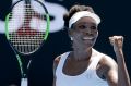 United States' Venus Williams celebrates after defeating Ukraine's Kateryna Kozlova in their first round match the ...