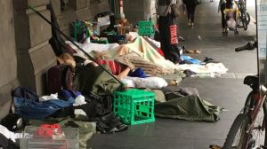 This morning's view of homeless people along Flinders Street. 