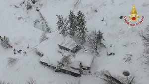 An aerial view of the Rigopiano Hotel hit by an avalanche in Farindola, Italy, early Thursday, Jan. 19, 2017.