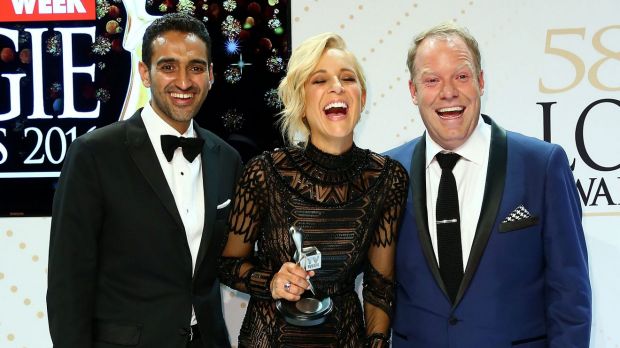 Waleed Aly, Carrie Bickmore and Peter Helliar pose with the Logie Award for Best News Panel Or Current Affairs Program ...