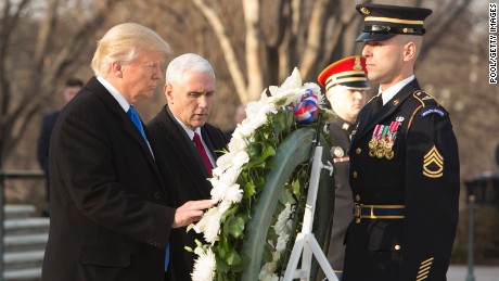 President-elect Donald J. Trump and Vice President-elect Mike Pence participate in a wreath laying ceremony at Arlington National Cemetery on January 19, 2017 in Arlington, Virginia. 