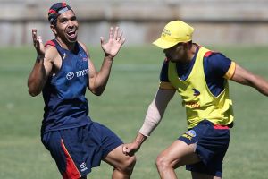 Re-contracted Crow Eddie Betts has a laugh with teammate Charlie Cameron. 