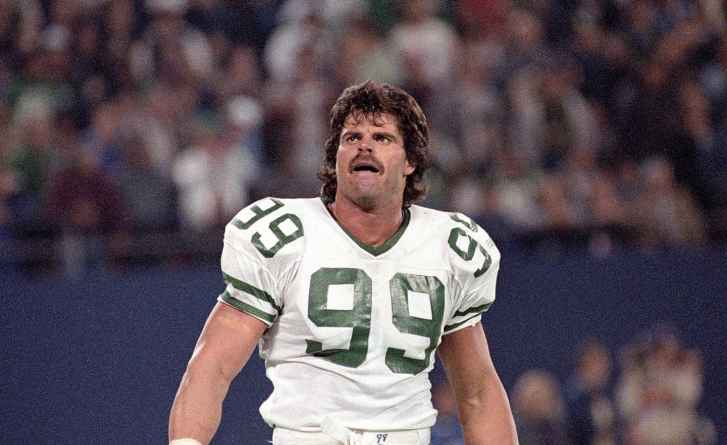 New York Jets # 99 DE Mark Gastineau on the field during the New York Jets vs. Denver Borocos on October 20 , 1986.at Giants Stadium. final score Jets 22 Denver 10 (Photo by Tom Berg/NFL)