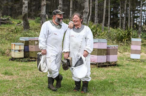 Terry & Karlene Shaw-Toomey. Beekeepers and owners of Earthbound Honey, Bethells Beach, West Auckland.