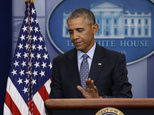 In this Jan. 18, 2017, photo, President Barack Obama taps the podium as he concludes his final presidential news conference in the briefing room of the White House in Washington. Eight tumultuous years at the helm of American power have come and gone, and for Obama, this is finally the end. The president is spending his last full day at the White House on Thursday before becoming an ex-president. (AP Photo/Pablo Martinez Monsivais)