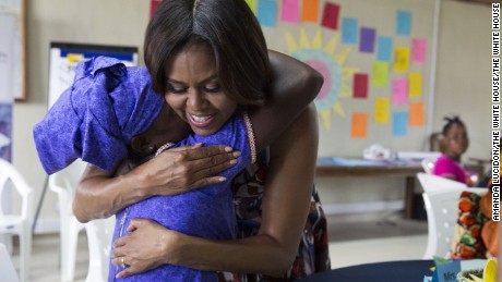 First Lady Michelle Obama hugs a student following a lesson plan about girls&#39; leadership and self-esteem in support of the Let Girls Learn initiative, at the Peace Corps Training Center in Kakata, Liberia, June 27, 2016. (Official White House Photo by Amanda Lucidon)