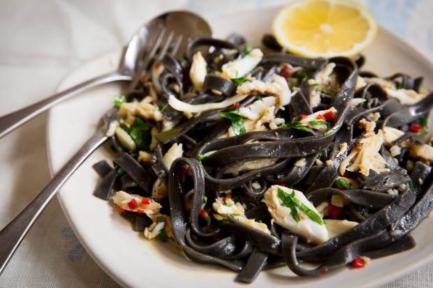 Frank Camorra's squid ink fettuccine with crab and chilli <a ...