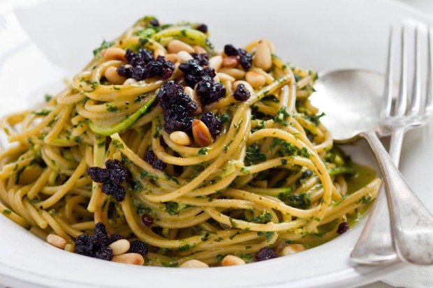 Vegetarian spaghettini with zucchini, mint, pinenuts and pecorino <a ...