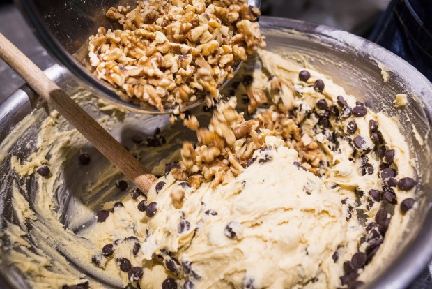 Stir in the choc chips and walnuts.
