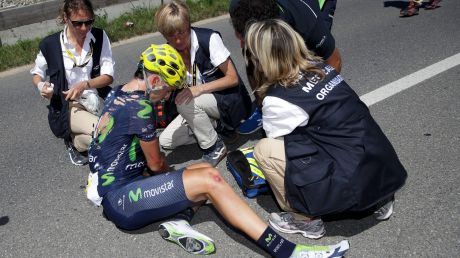 Gorka Izaguirre lies on the ground after crashing during stage seventeen.