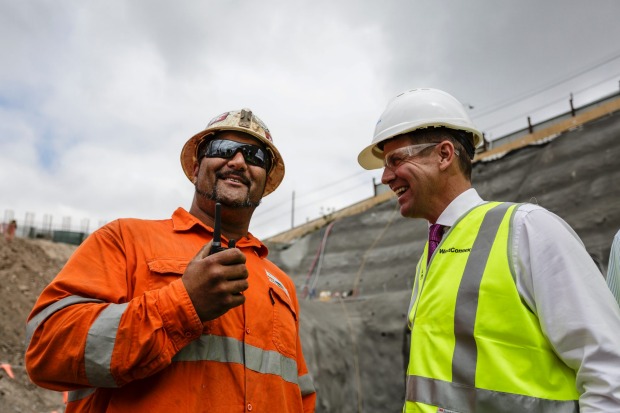 Construction worker Quinn Unahi and N.S.W Premier Mike Baird at the breaking ground ceremony of the West Connex new M5 Tunnel