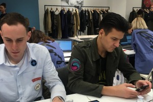 Rob Ferris (left) and Harrolds GM Ross Poulakis check the latest collections from Kenzo in their Paris showroom.