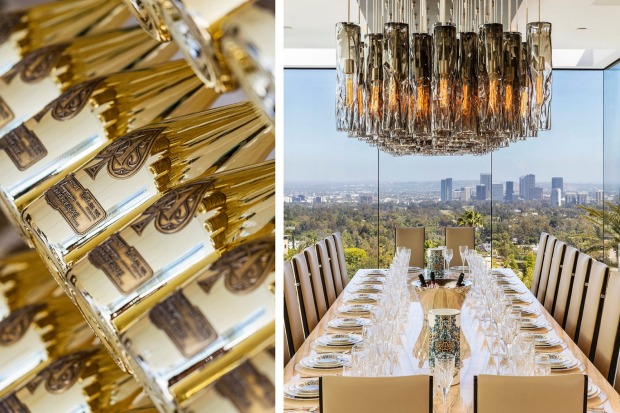 Walls of Jay Z's Armand de Brignac champagne fill two wine cellars, and a modern fixture tops the formal dining room.