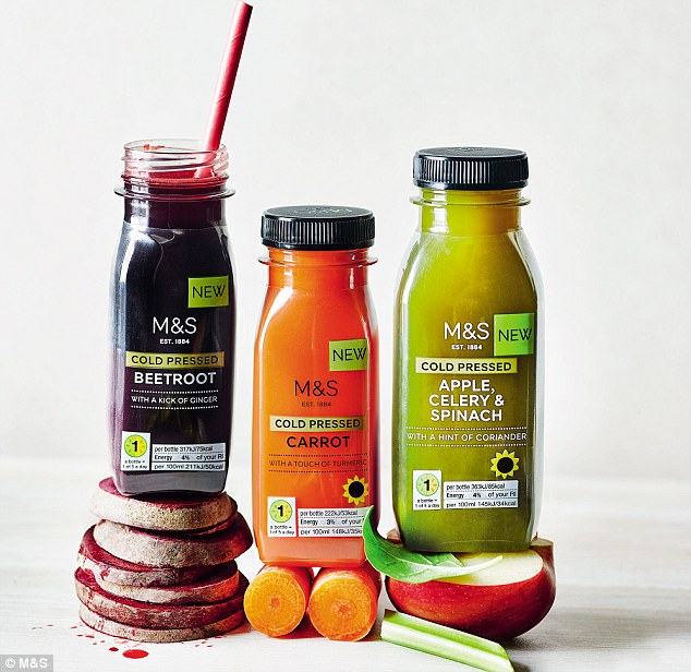 M&S's new range includes Cold Pressed Beetroot Shot, Cold Pressed Carrot Shot (both £1.50/150ml), Cold Pressed Apple, Celery & Spinach Juice, as well as (not pictured) Cold Pressed Apple, Beetroot, & Celery Juice (both £2.25/250ml)