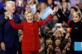 Final stop: Hillary Clinton is joined by Jon Bon Jovi, left, Lady Gaga, right and former President Bill Clinton during a ...