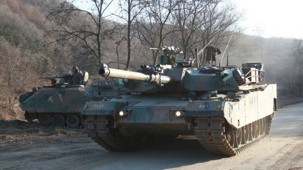 A South Korean army K-1 tank moves during an annual exercise in Paju, near the border with North Korea.