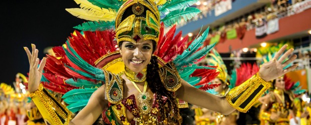 Florian?polis, Brazil - March 02, 2014: A close-up of a member from a local samba school called "Uniao Da Ilha Da Magia ...