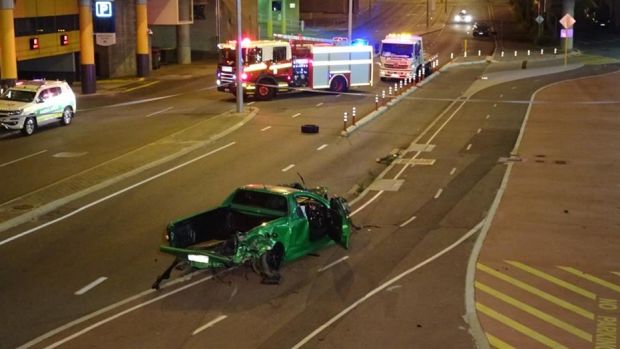 The ute smashed into another car parked on Roe Street in Northbridge.